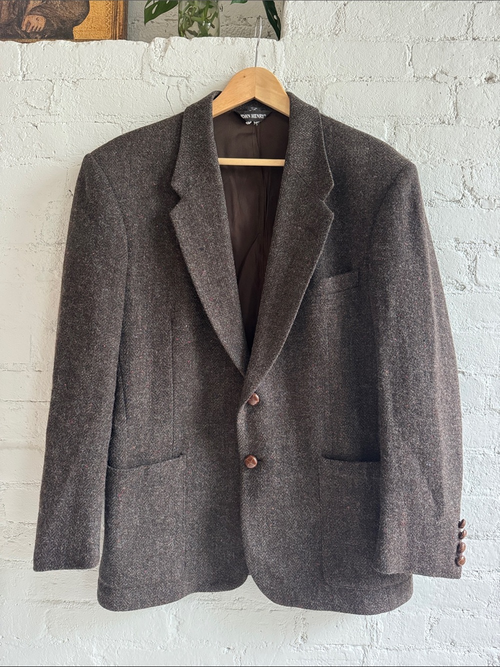 Vintage 100% Wool Harris Tweed Style Blazer with Leather Buttons, size 41R